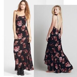Free People Star Chasing Slip Maxi Dress Sz S Black Floral Boho Sleeveless Flowy